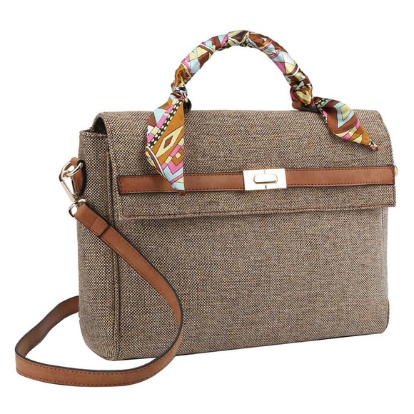 Linen Scarf Handle Satchel in Coffee - Picture 4 of 5